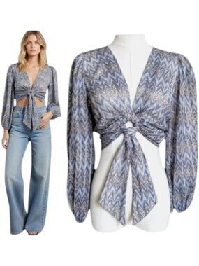 Moon River Sheer Twist Front Puff Sleeve Blouse Sky Blue L